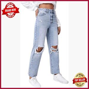 High Waist Ripped Cropped Straight Leg Denim Jeans